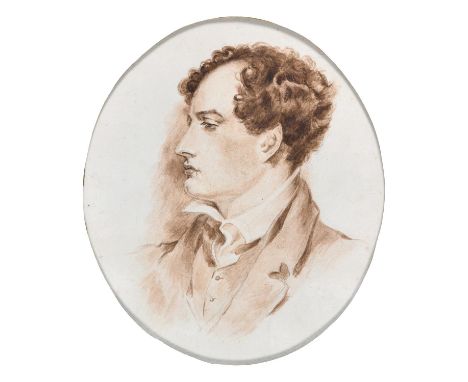 After George Henry Harlowe ‘ Portrait of Lord Byron, watercolour, en grisaille, oval, 18 x 15.5cm  Provenance: Harold Ward, h