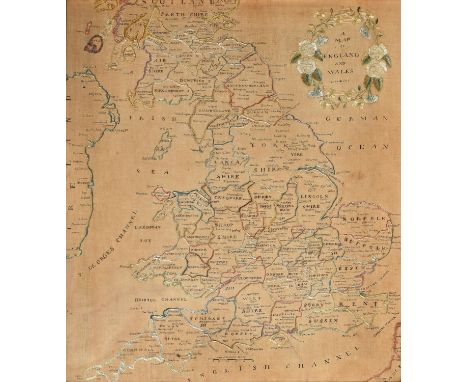 A Regency linen map sampler of England and Wales, c1800, with islands and many of the principal towns identified in black sil