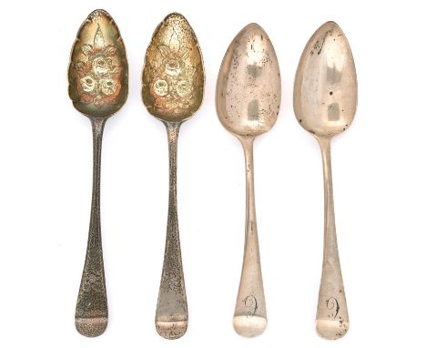 Two pairs of George&nbsp;III silver tablespoons,&nbsp; Old English pattern, one later chased and gilt as a berry spoon, both 