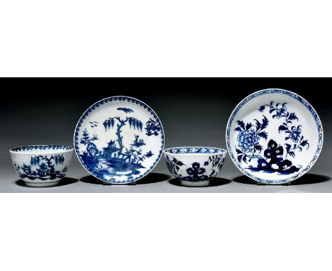 Two Lowestoft tea bowls and saucers, c1765 and 80, painted in underglaze blue with a Chinese island scene with willow tree an