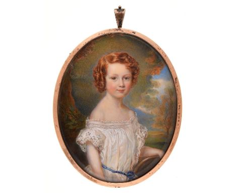 English&nbsp;School, 1858 - Portrait Miniature of Frederick Eustace Arbuthnot Wollaston, aged 5, half length before trees, ov