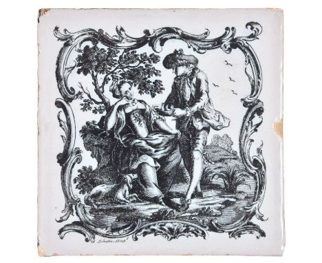 A Liverpool Delftware tile, c1758-61, printed in black by John Sadler with a gallant and shepherds in rococo scroll border, s
