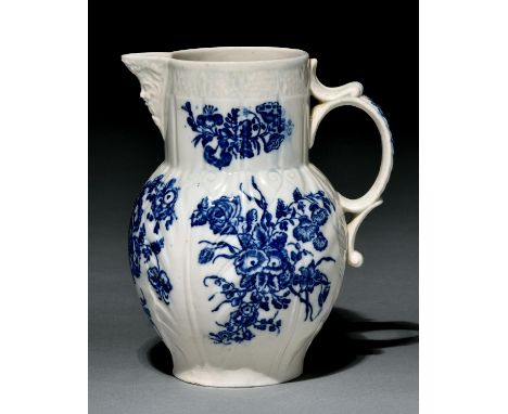 A Caughley cabbage leaf-moulded mask jug, c1790, transfer printed in underglaze blue with the Bouquets pattern, 18.5cm h  Pro