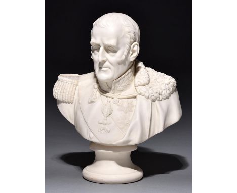 A John Adams &amp; Co parian ware portrait bust of the Duke of Wellington, c1851, in uniform wearing sash and orders, includi