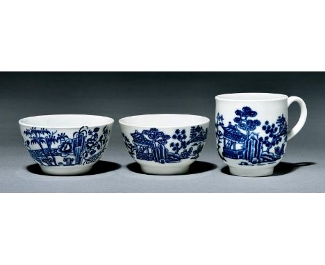 Two Worcester tea bowls and a coffee cup, c1760, transfer printed with the Man in the Pavilion and Plantation Print patterns,