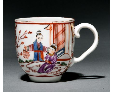 A Bristol polychrome coffee cup, c1775, painted in famille rose style with two reserves of Chinese figures, 63mm h  Provenanc