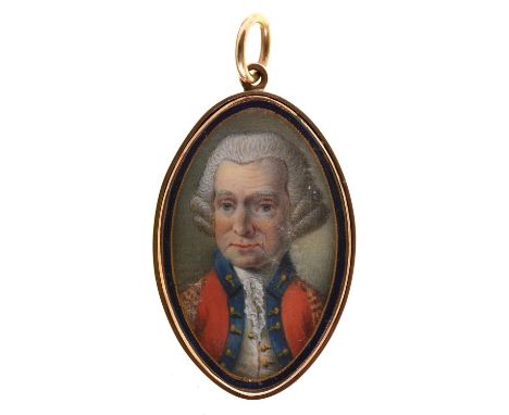English&nbsp;School, 18th c - Portrait Miniature of an Officer, in uniform and powdered wig, navette shaped, 32 x 20mm, gold 