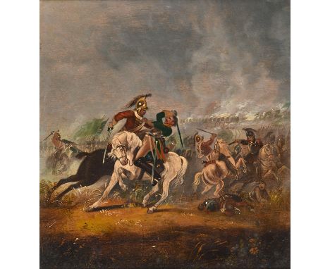 English School, 19th century ‘ The 1st King's Dragoon Guards at the Battle of Waterloo, 18th June 1815, oil on panel, 21 x 19