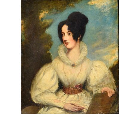 English School, early 19th century &nbsp;- Portrait of Emily Leveson-Gower, half length in a white dress and jewellery, holdi