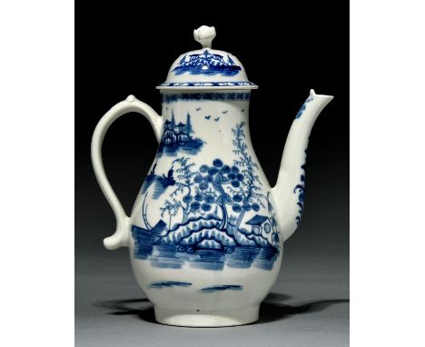 A Worcester coffee pot and cover, c1770-80, painted in underglaze blue with the Rock Strata Island pattern, 20.5cm h, crescen