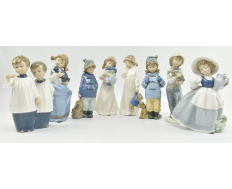 Lladro &amp; Nao Porcelain - a collection of eight porcelain figurines of children &amp; animals. Comprising 1985 Daisa Girl 