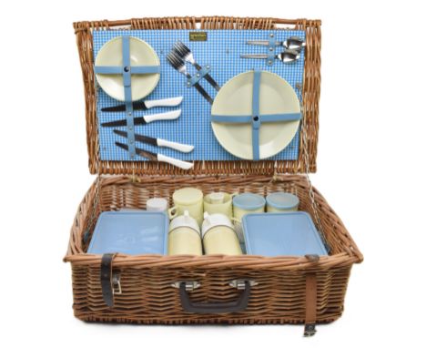 Brexton - a vintage mid 20th century circa 1960s wicker picnic hamper. The hamper complete with cutlery, thermos, plates, con