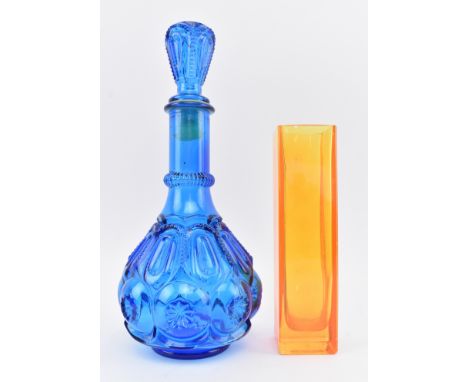 A vintage mid century Empoli style blue pressed glass decorative decanter / genie bottle, together with a squared orange glas