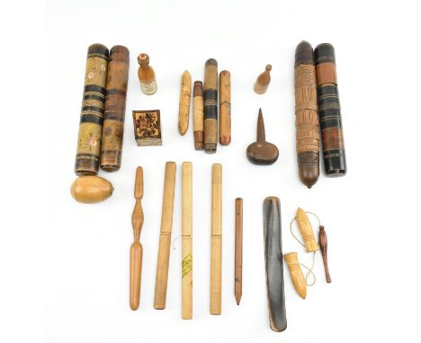 A large collection of assorted wooden needle cases &amp; tools. The lot to include four large carved and painted needlecases,
