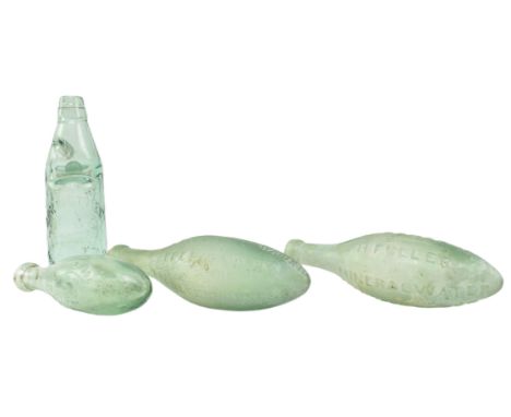A collection of four vintage 20th century iridescent &amp; green glass branded torpedo soda water bottles. The lot to include
