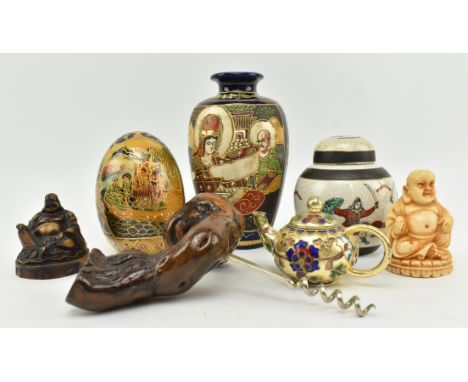 A collection of six Chinese and Japanese ceramic centerpeices. The lot to include a 20th century crackled glazed ceramic ging