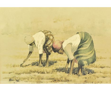 Malachi Smith (African school, 1948-2013) - a watercolour on paper painting depicting two girls picking plants. Mounted, fram