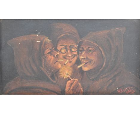 W. Veitch - an early 20th century oil on board satirical painting. The painting depicting three hooded monks smoking. Signed 