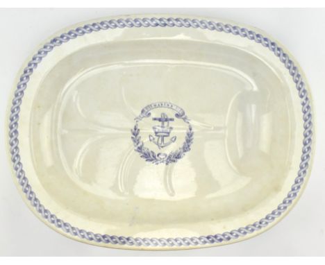 British naval interest - a 19th century transfer printed blue and white stoneware mess meat draining platter. The plannter wi