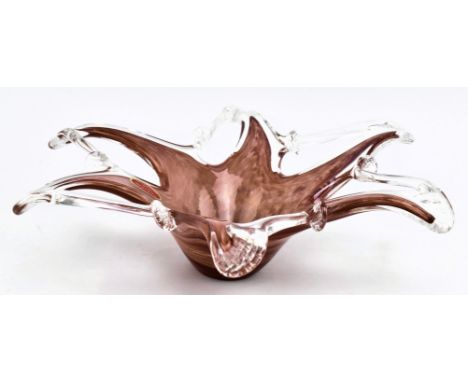 Murano manner - a vintage Italian hand blown pink glass centrepiece bowl. The bowl featuring highly decorative pulled cased g
