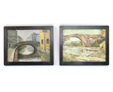 Two early 20th century oil on board paintings of continental city bridge scenes. Comprising a painting of the Ponte Medici &a
