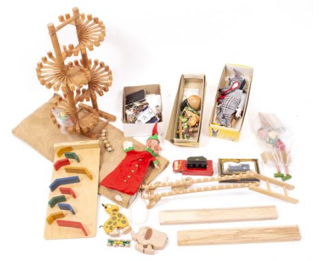 A GROUP OF WOODEN TOYS two Pelham puppets to include a boxed wolf, various lead soldiers and a Mr Punch glove puppet etc