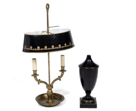 AN EMPIRE STYLE BRASS BOUILLOTTE TWIN BRANCH TABLE LAMP with painted toleware shade and circular dished base, 37cm wide x 71c