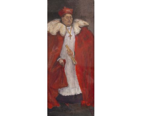 ENGLISH SCHOOL Portrait of a Cardinal, oil on textured paper, 44.5 x 18.5cm; and two oil landscape sketches, one signed 'Long