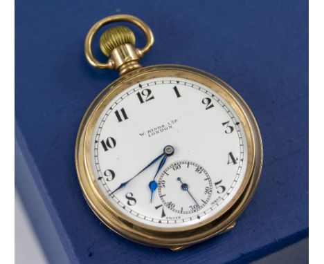 A 9CT GOLD CASED POCKET WATCH by W. Hinds Ltd., of London, the white enamel face with subsidiary dial and blue enamel hands (