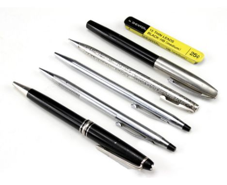 FIVE VINTAGE WRITING IMPLEMENTS to include a silver propelling pencil bearing London import marks, a Mont Blanc 'Meisterstuck