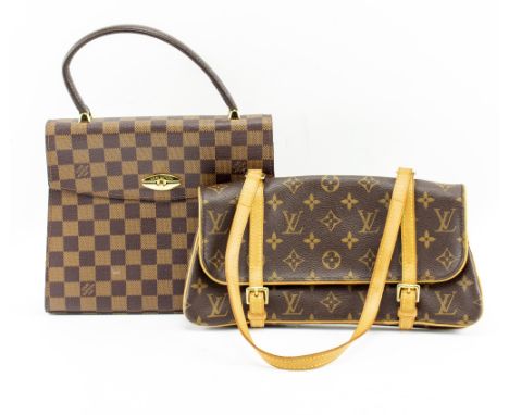 TWO VINTAGE LOUIS VUITTON HANDBAGS one with monogram decoration and leather trim and the other with a chequer pattern and twi