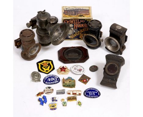 A GROUP OF FIVE ANTIQUE BICYCLE LAMPS  an original box for a Powell &amp; Hammer Kingfisher bicycle lamp together with two en