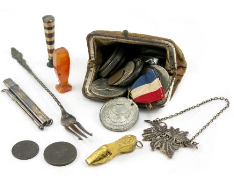 A SMALL GROUP OF GEORGIAN AND LATER COINAGE silver pencil holder, silver pickle fork, silver sherry decanter label, a gilt mi