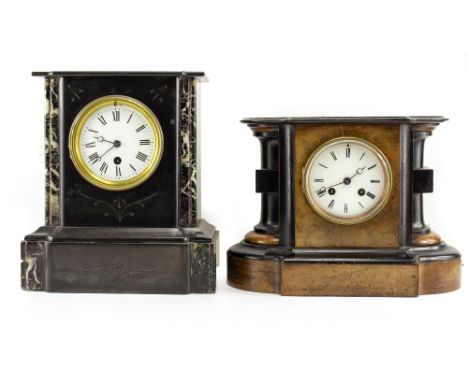A LATE 19TH CENTURY BLACK SLATE MANTLE CLOCK with marble inset panels to the front and white enamel dial with black Roman num