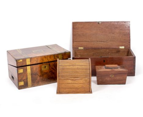 A VICTORIAN MAHOGANY BOX , a tambour fronted stationary rack, a mahogany tea caddy with twin compartments within, and a burr 