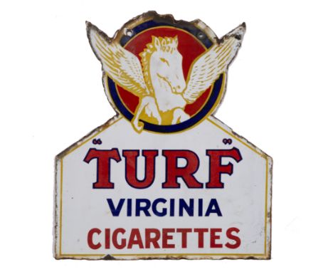 A 20TH CENTURY DOUBLE SIDED ENAMEL ADVERTISING SIGN FOR 'TURF' VIRGINIA CIGARETTES 49cm overall x 45cm