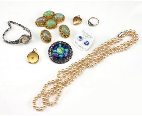 A SELECTION OF COSTUME JEWELLERY  to include a Regency marcasite cocktail style watch, an enamel and white metal set brooch, 