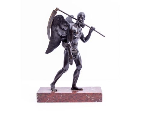 A 20TH CENTURY BRONZE FIGURE GROUP 'Old Father Time', on a rectangular hardstone plinth, unsigned, 37cm high overall x 24cm