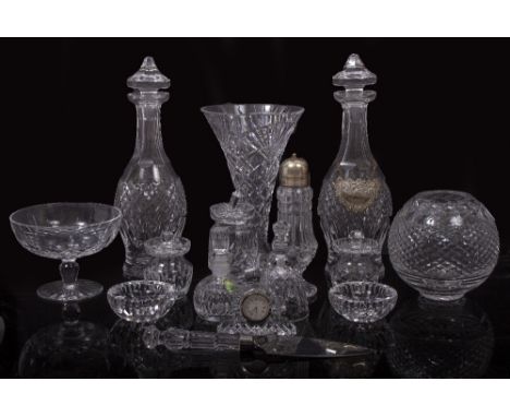 A COLLECTION OF WATERFORD CRYSTAL  to include a boxed model of rearing horse, a tapered cut glass vase, a pair of wine decant