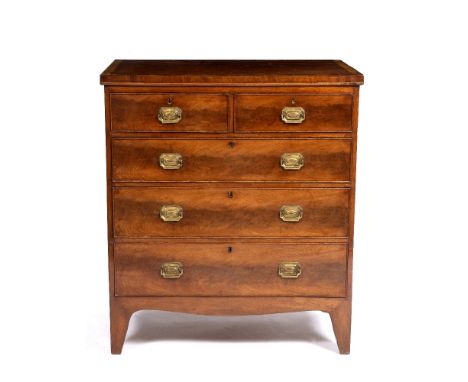 A 19TH CENTURY MAHOGANY CHEST OF TWO SHORT AND THREE LONG DRAWERS raised on bracket feet, 86cm wide x 46cm deep x 97cm high