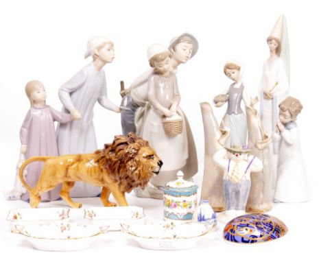 A SELECTION OF NAO AND LLADRO PORCELAIN FIGURES a Beswick lion, studio pottery vases, pin dishes, snowman figures etc (a quan