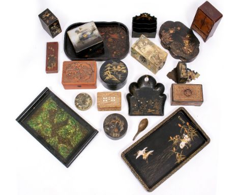 A COLLECTION OF ANTIQUE AND VINTAGE CHINOISERIE AND LACQUERED TRAYS, stationary racks, plates, boxes etc (a quantity)