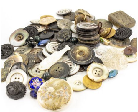 A COLLECTION OF 19TH CENTURY AND LATER BUTTONS to include enamel flowered decorated buttons, glass buttons, abalone shell but