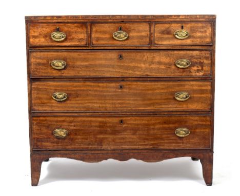 A 19TH CENTURY MAHOGANY CHEST OF THREE SHORT AND THREE LONG DRAWERS  standing on bracket feet, 112.5cm wide x 55cm deep x 104