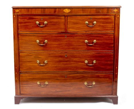 A 19TH CENTURY MAHOGANY CHEST OF TWO SHORT AND THREE LONG DRAWERS with brass swan neck handles and raised on bracket feet 124