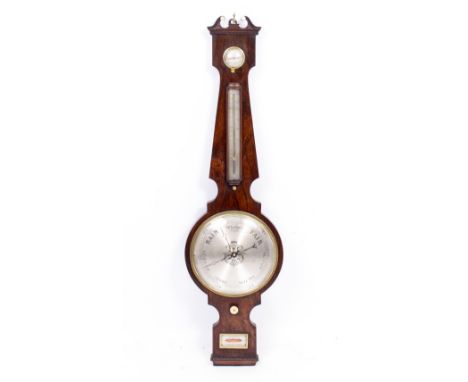 A 19TH CENTURY ROSEWOOD WHEEL BAROMETER with silvered dials including a thermometer and a spirit level signed F. Gugeri 30cm 