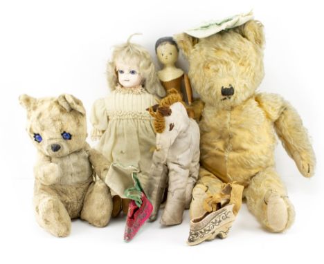 A VINTAGE 20TH CENTURY MOHAIR TEDDY BEAR (eyes missing) with stitched nose, mouth and claws and a selection of other toys to 