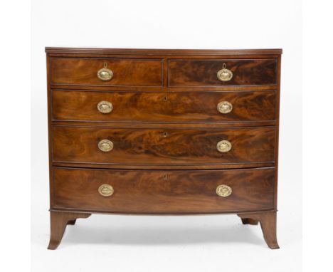 A 19TH CENTURY MAHOGANY BOW FRONTED CHEST  of two short and three long drawers with splayed bracket feet 107cm wide x 52cm de