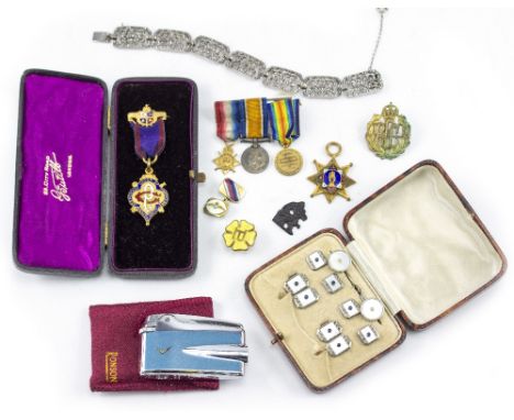 A SMALL COLLECTION OF MASONIC MEDALS  World War I medal miniatures, marcasite and silver panel bracelet, Ronson chromium plat