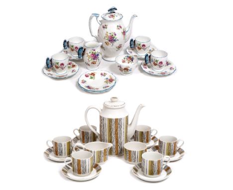 A MIDWINTER 'SIENNA' COFFEE SET consisting of coffee pot, coffee cans, saucers etc and an Aynsley coffee set with butterfly h